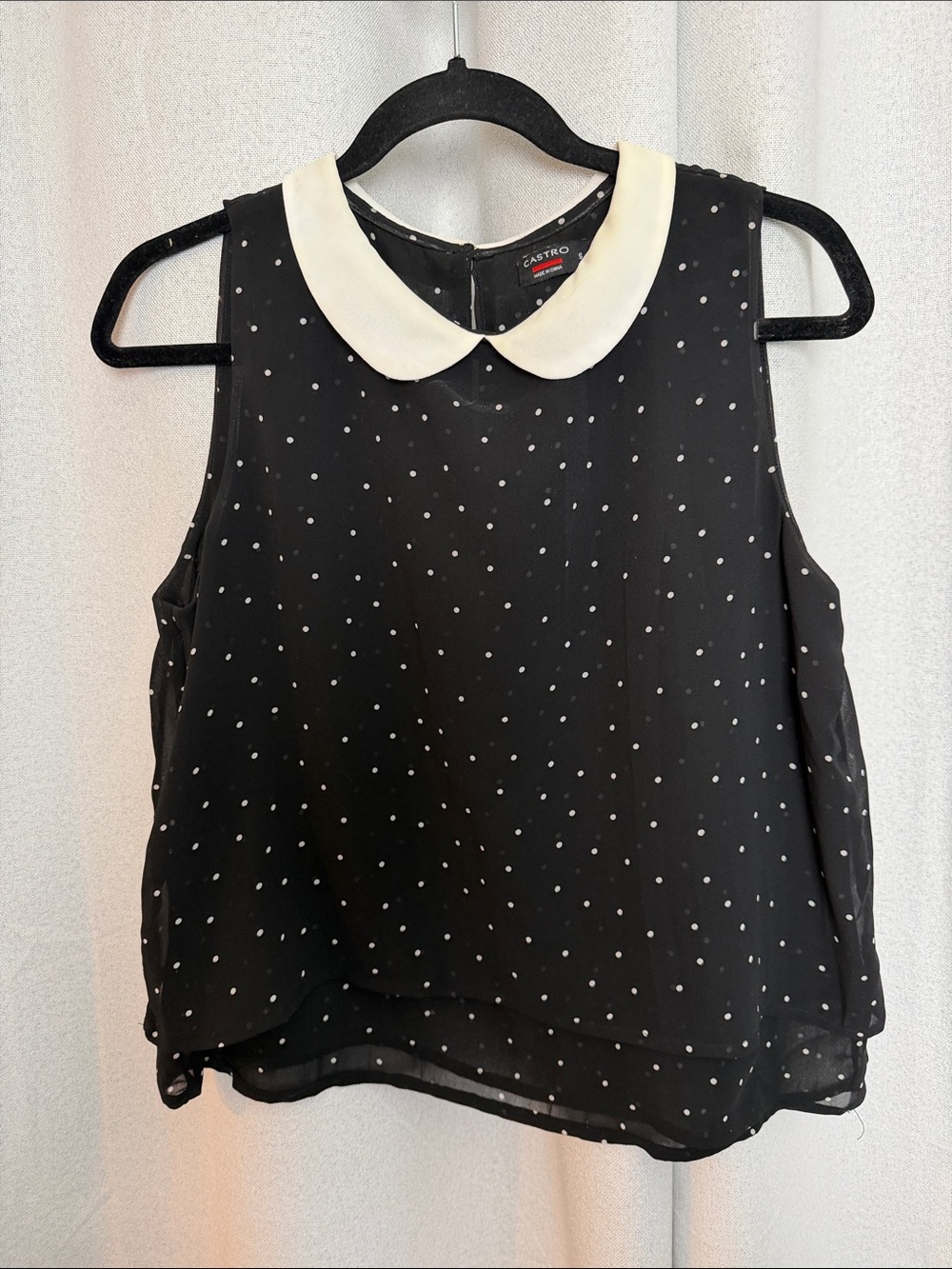 Astr Black Polka Dot Sleeveless Top with Cream Peter Pan Collar